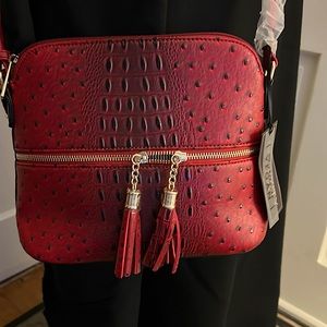 Red faux ostrich crossbody handbag